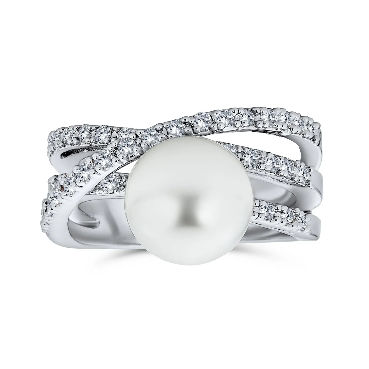 Geometric Criss Cross CZ Solitaire Simulated Pearl Statement Ring Silver Plated