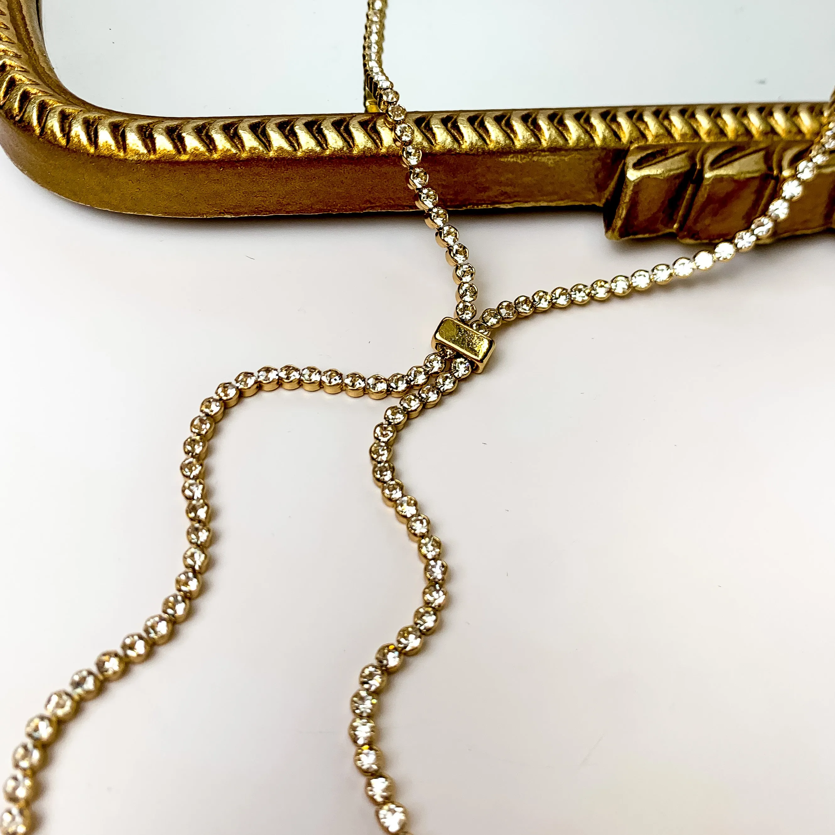 Glamorous Gold Tone Y Necklace With Clear Crystals