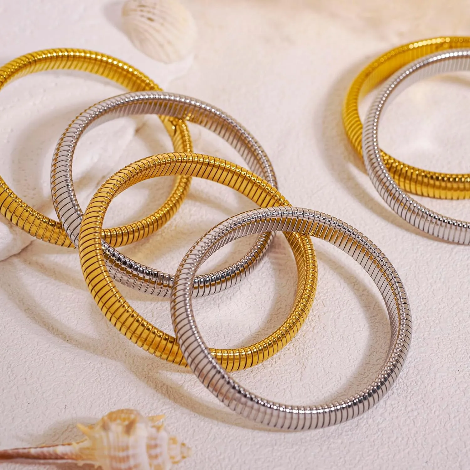 Gold Bangles for Women Chunky Gold Bracelets 18K Gold Plated Stainless Steel Bangles Bracelets Flexible Stretch Bangle Chunky Jewelry for Women