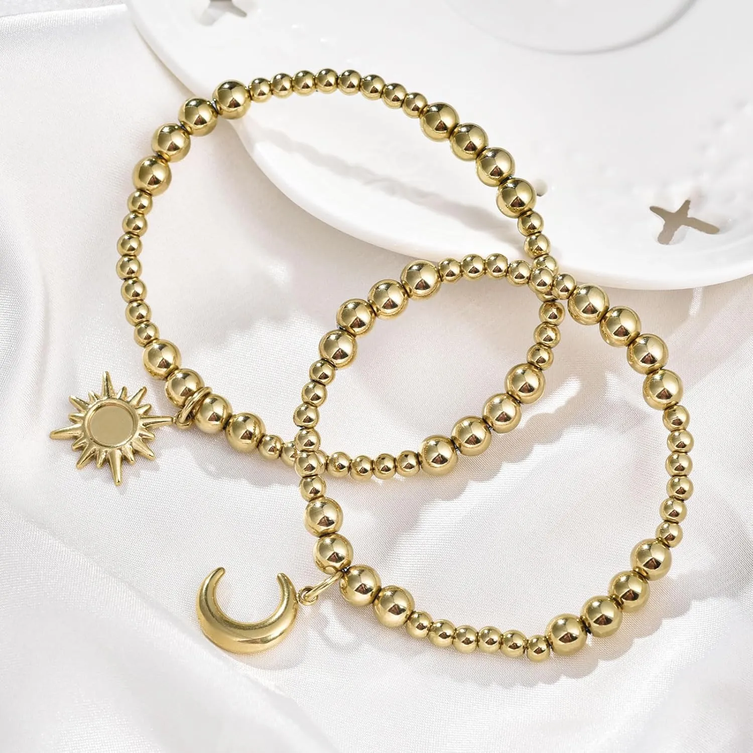 Gold Bracelets for Women, 14K Gold Plated Beaded Bracelets Gold Stretch Bead Ball Bracelet stack Set Adjustable Gold Jewelry Fashion Accessories for Women