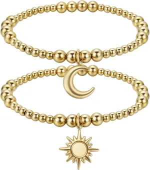 Gold Bracelets for Women, 14K Gold Plated Beaded Bracelets Gold Stretch Bead Ball Bracelet stack Set Adjustable Gold Jewelry Fashion Accessories for Women