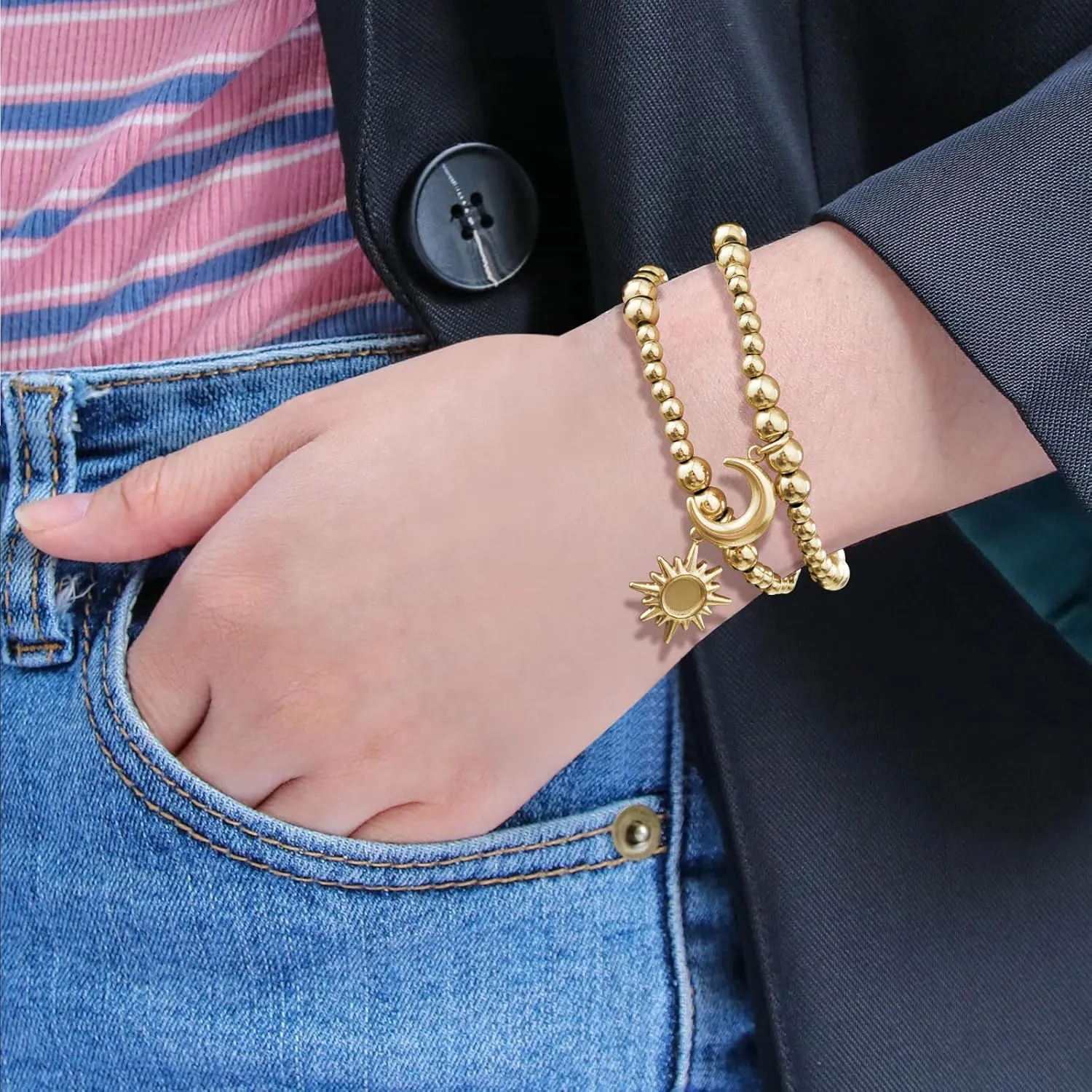 Gold Bracelets for Women, 14K Gold Plated Beaded Bracelets Gold Stretch Bead Ball Bracelet stack Set Adjustable Gold Jewelry Fashion Accessories for Women