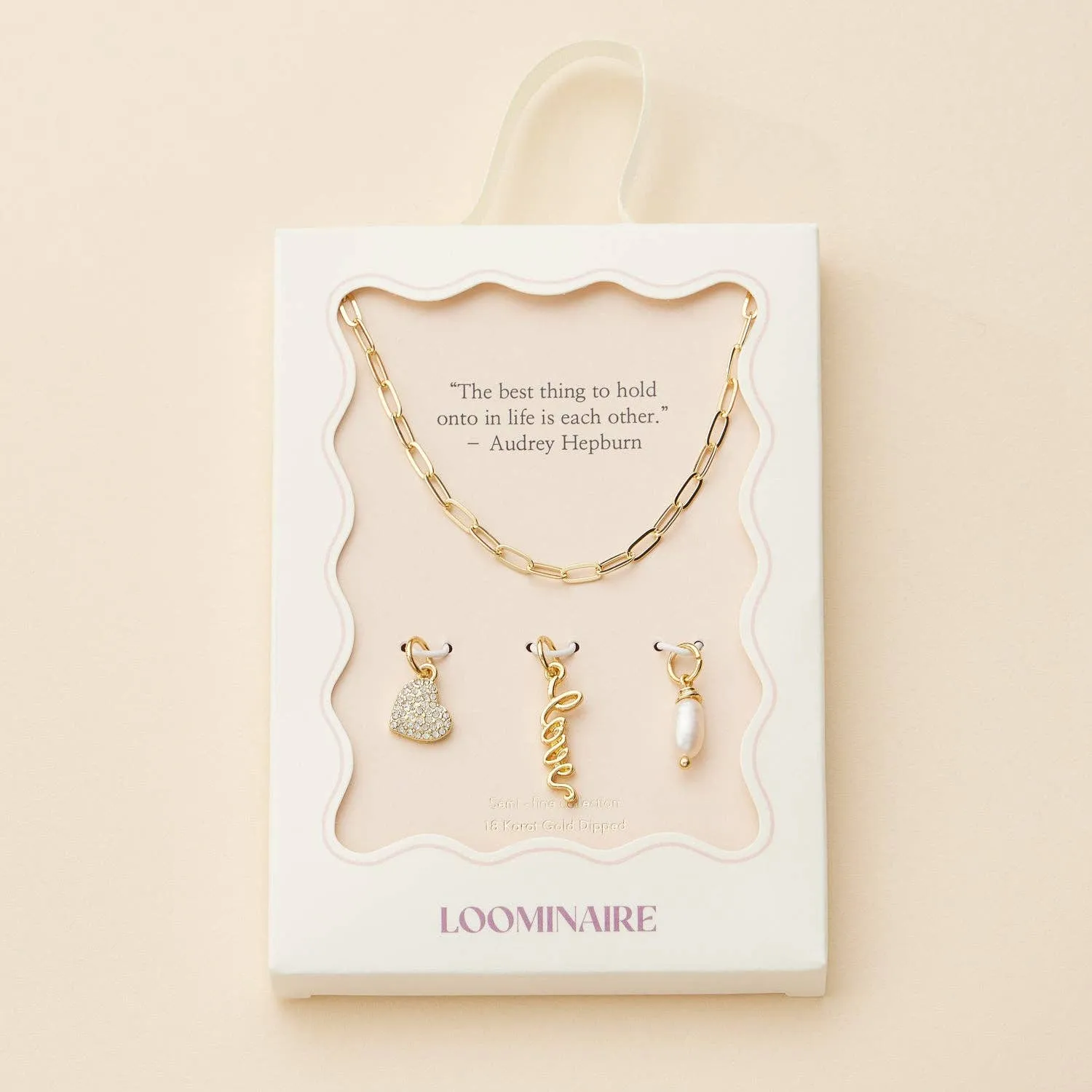 Gold Dipped 18K Love, Heart, and Pearl Charm Necklace