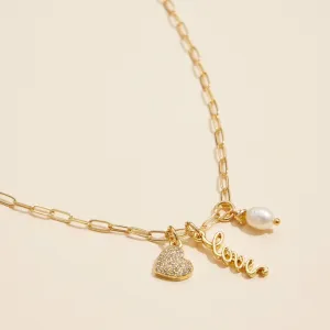 Gold Dipped 18K Love, Heart, and Pearl Charm Necklace