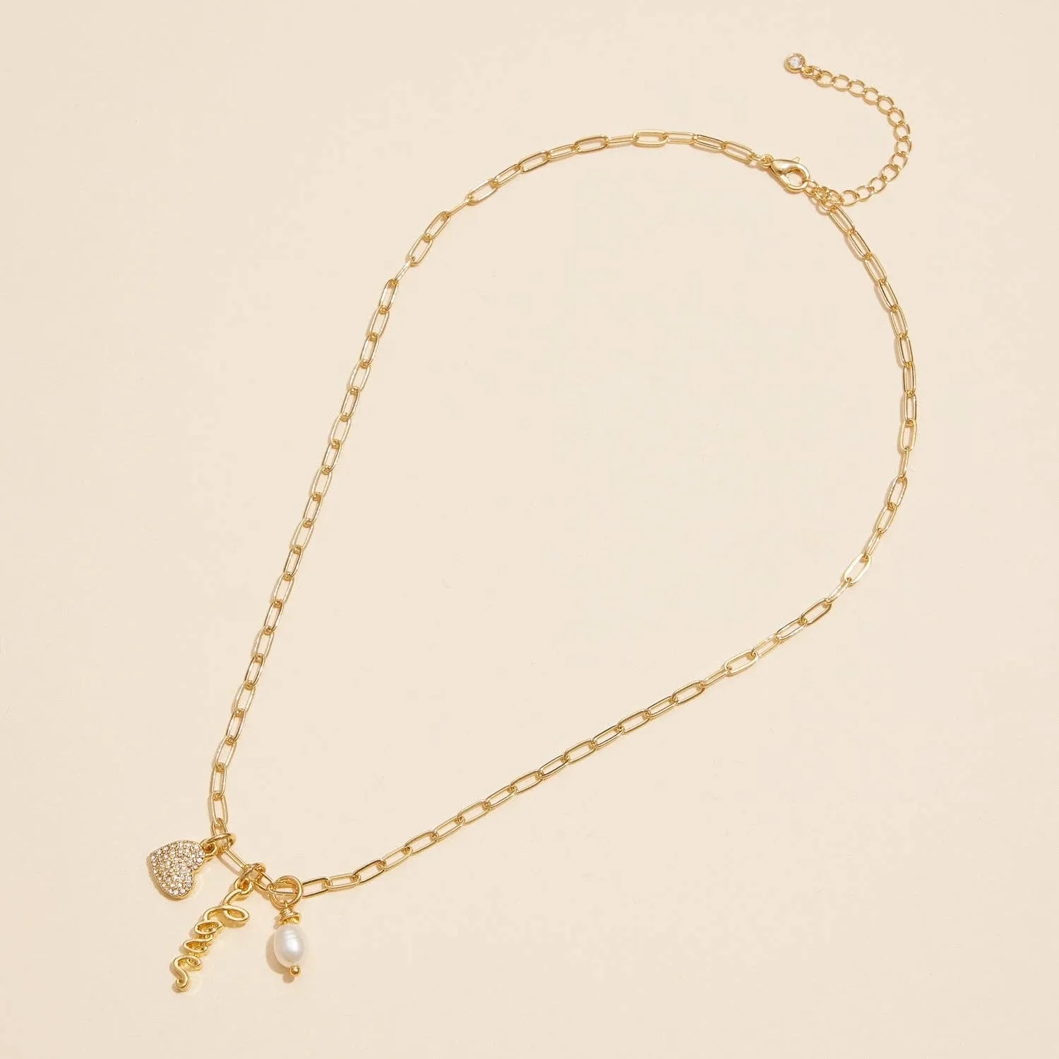 Gold Dipped 18K Love, Heart, and Pearl Charm Necklace