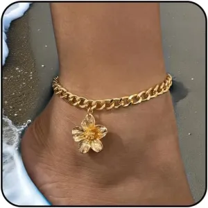 Gold Flower Ankle Bracelets for Women Waterproof, Dainty Anklets Trendy Foot Chain Stackable Chunky Cuban Link Chain Anklet Bracelet for Women Non Tarnish Jewelry Gift