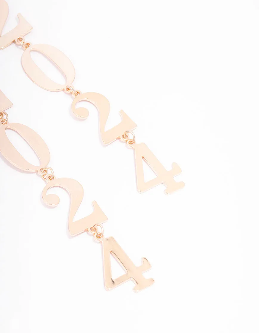 Gold Metallic 2024 New Year Drop Earrings