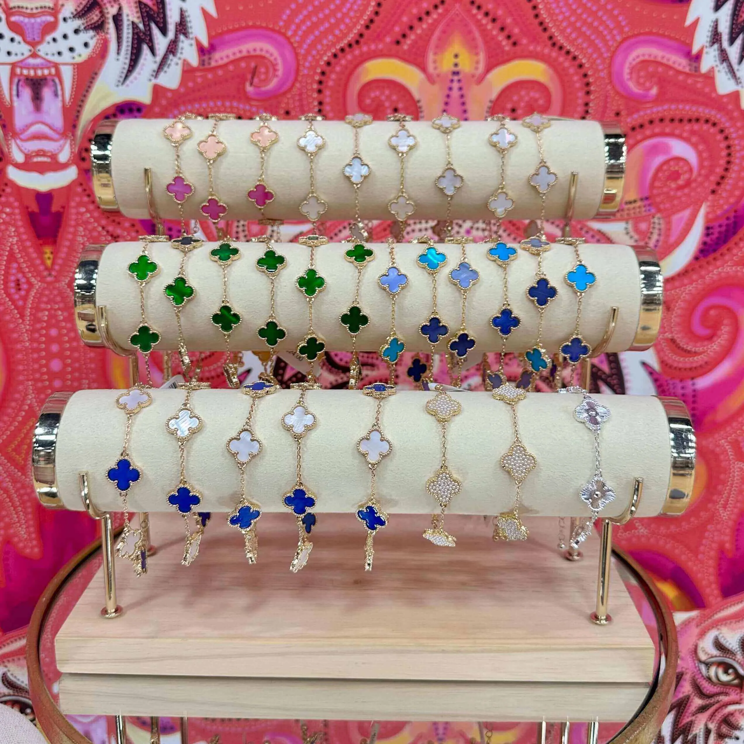 Gold Mother of Pearl Clover Bracelet - Multi Pink
