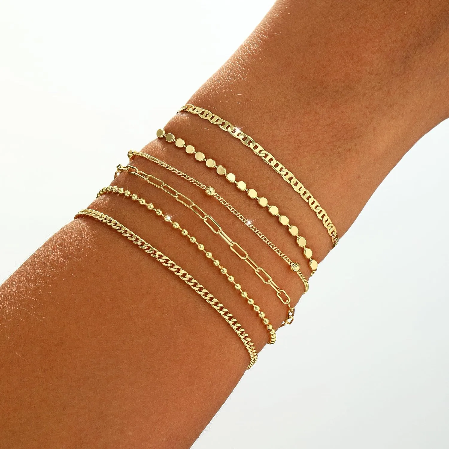 Gold/Silver Bracelets for Women,14K Real Gold Plated Bracelets Stack Trendy Jewelry Sets Stackable Snake Chain Figaro Paperclip Link Chain Adjustable Bracelet Pack Jewelry for Women