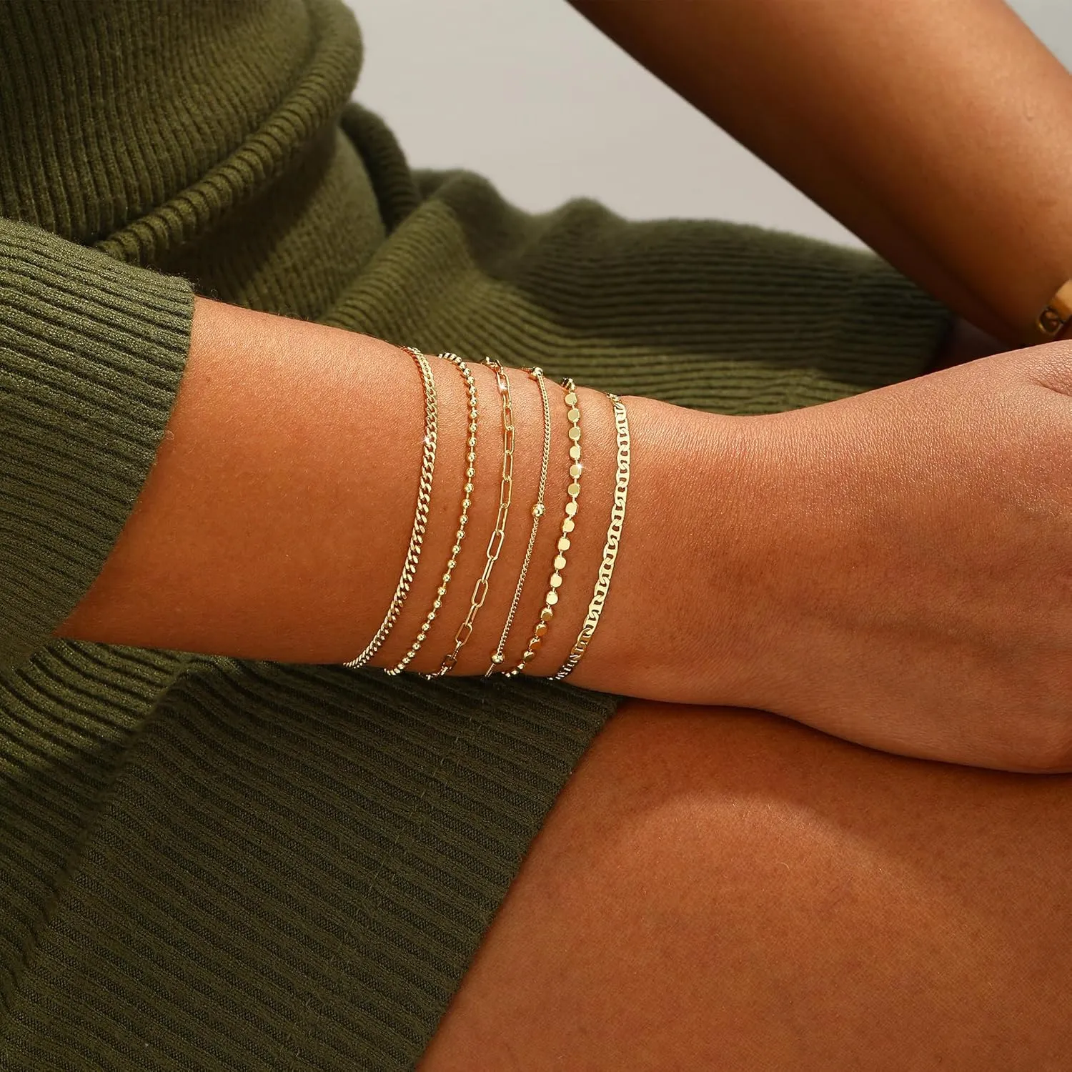 Gold/Silver Bracelets for Women,14K Real Gold Plated Bracelets Stack Trendy Jewelry Sets Stackable Snake Chain Figaro Paperclip Link Chain Adjustable Bracelet Pack Jewelry for Women
