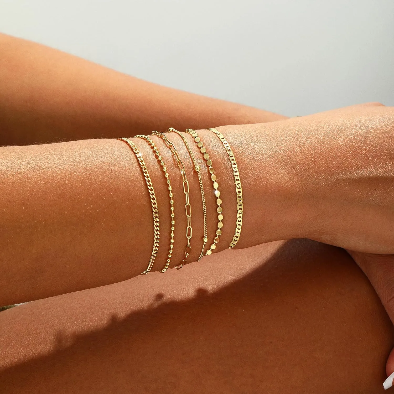 Gold/Silver Bracelets for Women,14K Real Gold Plated Bracelets Stack Trendy Jewelry Sets Stackable Snake Chain Figaro Paperclip Link Chain Adjustable Bracelet Pack Jewelry for Women