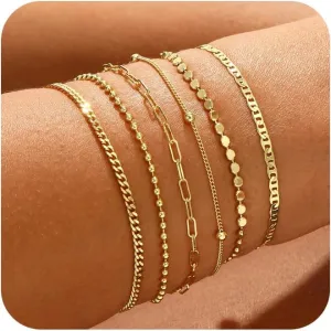 Gold/Silver Bracelets for Women,14K Real Gold Plated Bracelets Stack Trendy Jewelry Sets Stackable Snake Chain Figaro Paperclip Link Chain Adjustable Bracelet Pack Jewelry for Women
