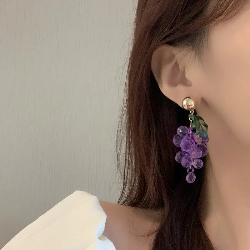 Grapes fruit earrings, purple crystal earrings