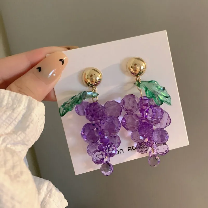 Grapes fruit earrings, purple crystal earrings