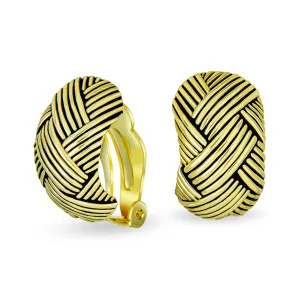 Half Hoop Woven Dome Basket Weave Clip-On Earrings Gold Plated for Non-Pierced