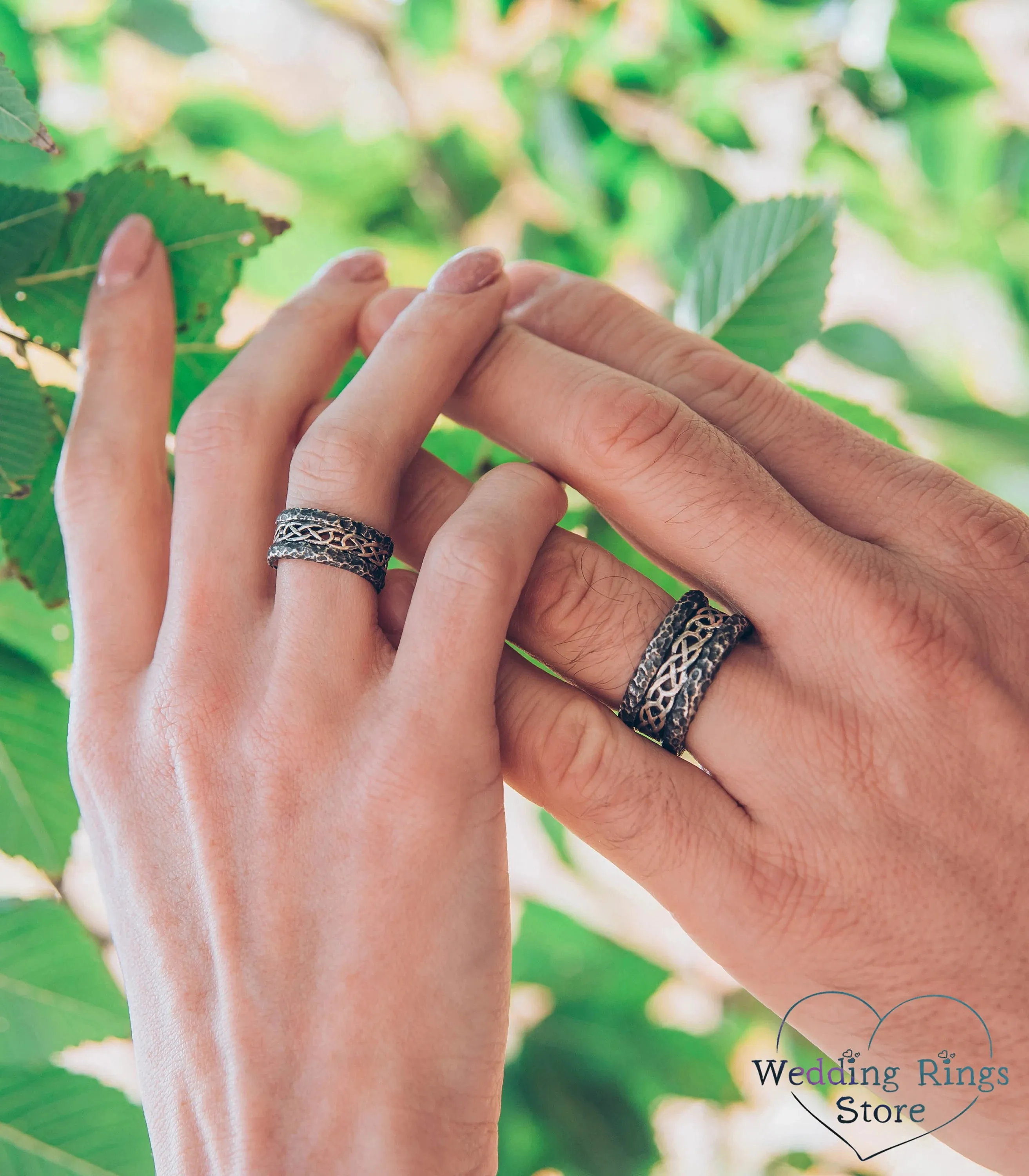 Hammered Matching Celtic Wedding Bands in 925 Silver