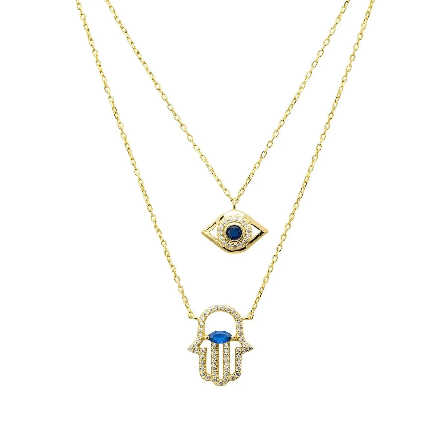 Hamsa Hand and Evil Eye Layered Necklace Dipped in Gold