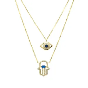 Hamsa Hand and Evil Eye Layered Necklace Dipped in Gold