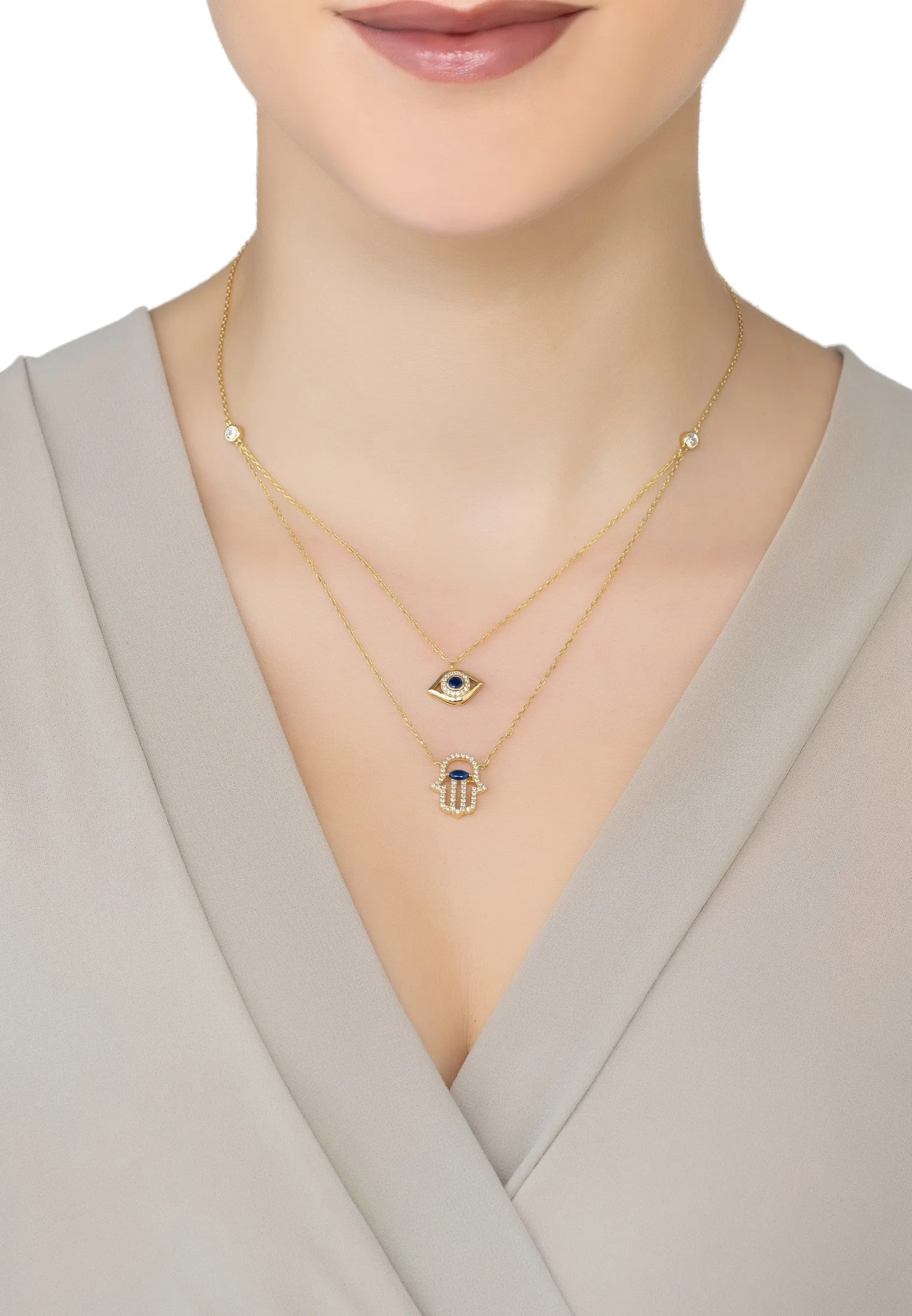 Hamsa Hand and Evil Eye Layered Necklace Dipped in Gold