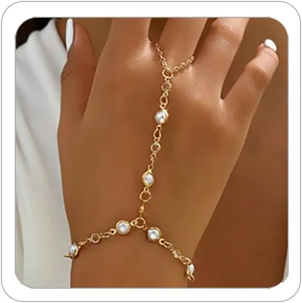Hand Chain Rings Bracelets for Women Dainty Gold Finger Bracelet Ring Hand Chain Bracelets Butterfly Heart Pearl Hand Jewelry Ring Bracelet for Women Summer Trendy Stuff