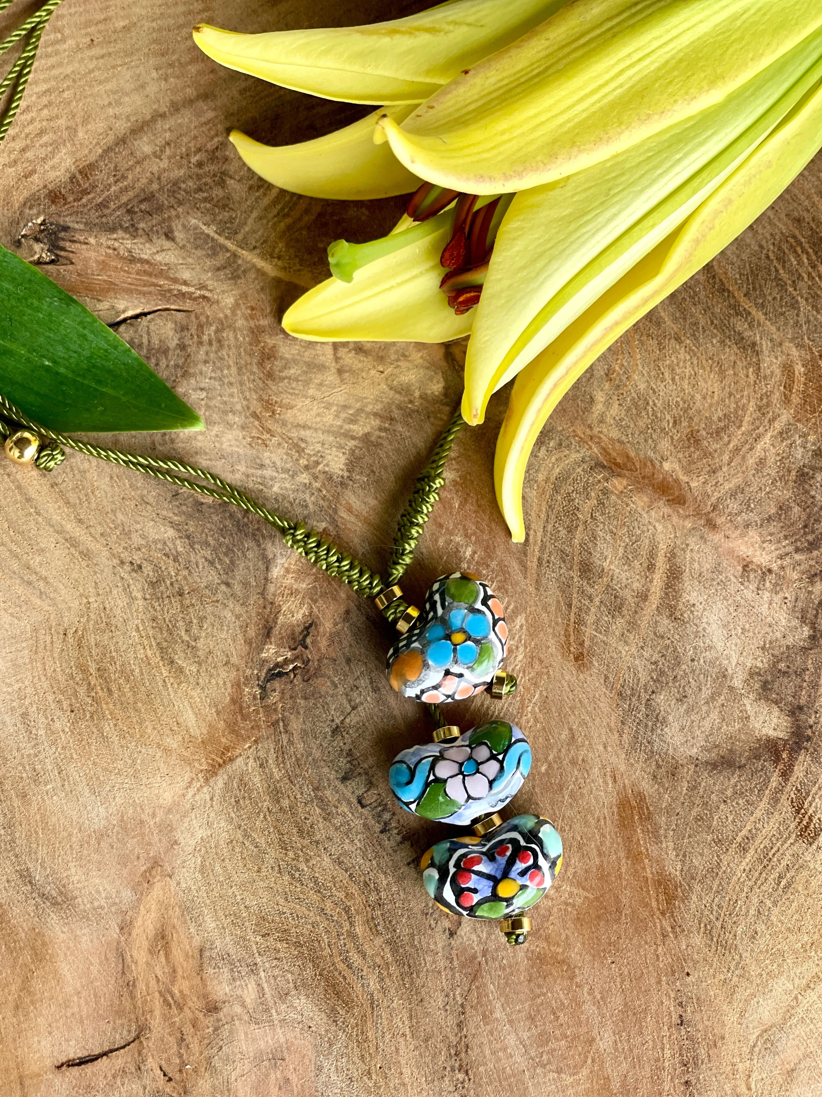 Handmade Triple Heart Shaped Necklace in Silky Green Cord from Puebla, Mexico.