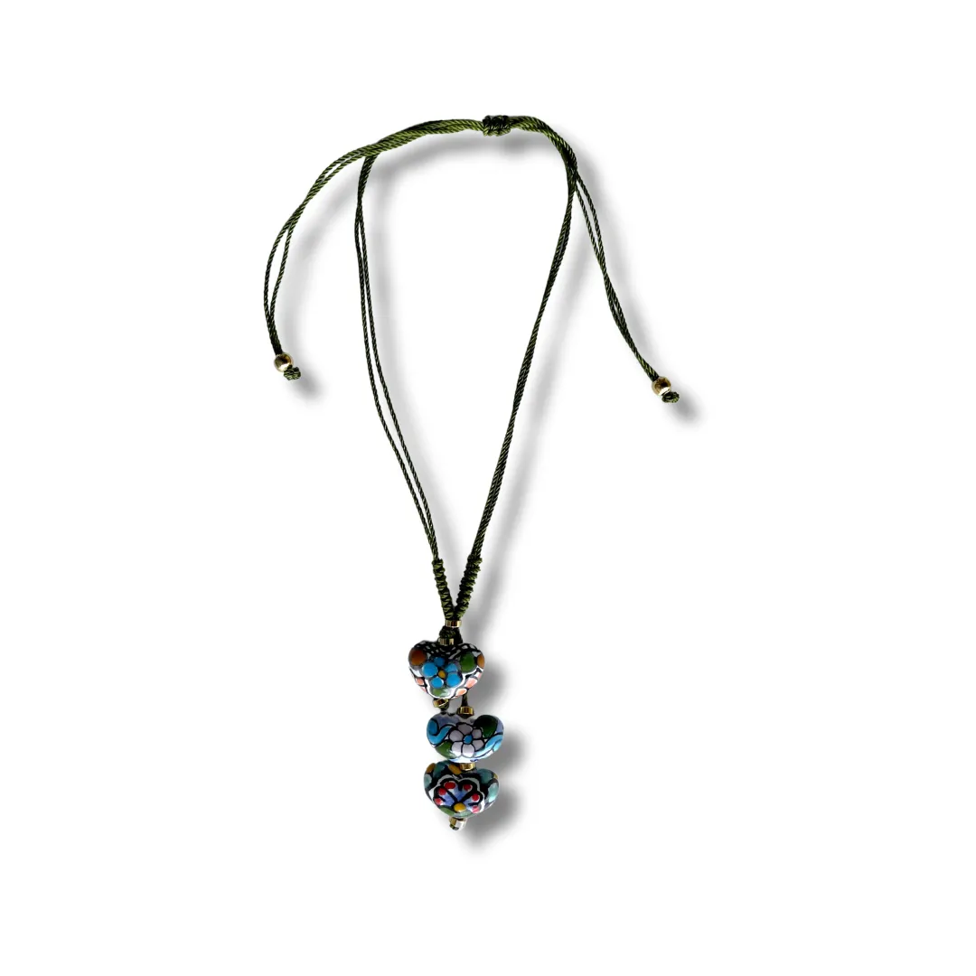 Handmade Triple Heart Shaped Necklace in Silky Green Cord from Puebla, Mexico.