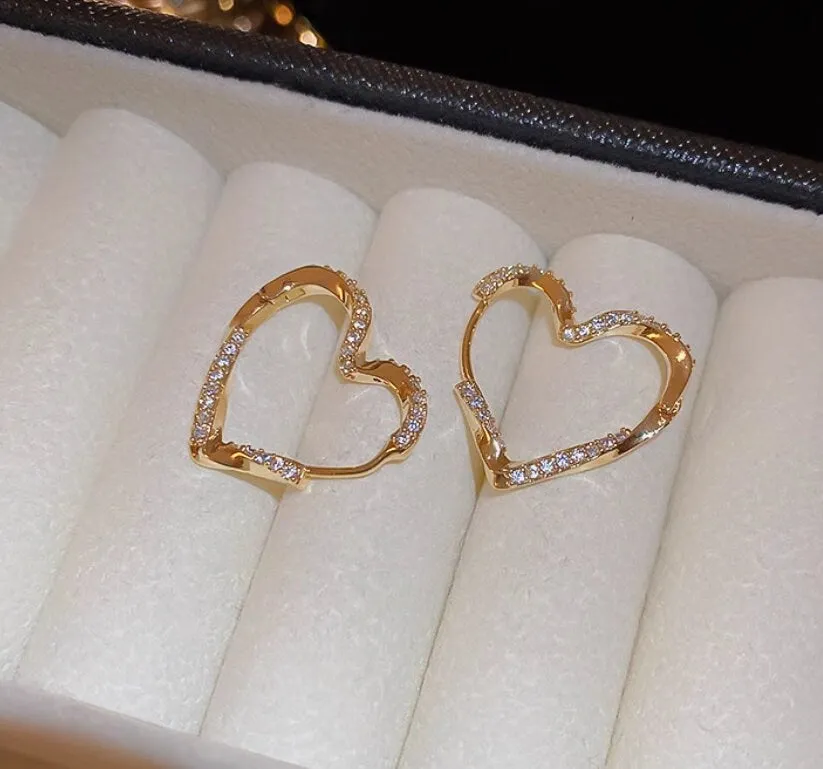 Heart hoop earrings- Diamond Pave Hollow earrings with Real Gold Plating - Radiant Romance Sparkling, minimal earrings, gold heart earrings