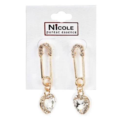 Heart Safety Pin Dangle Earrings Gold