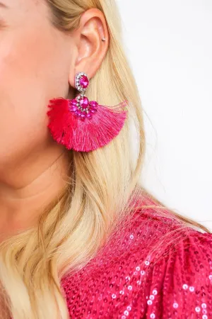 Hot Pink Rhinestone Fringe Earrings