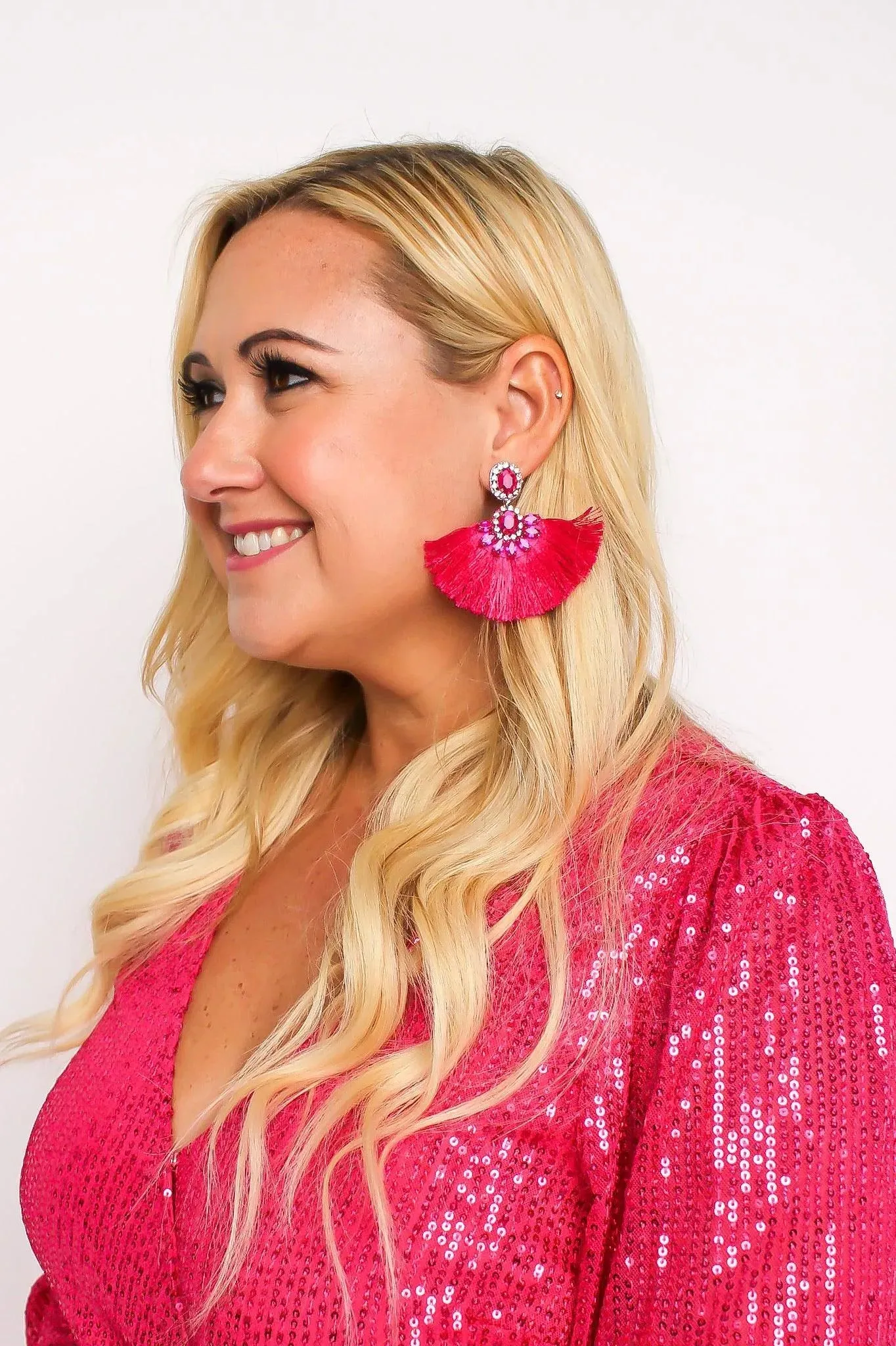 Hot Pink Rhinestone Fringe Earrings