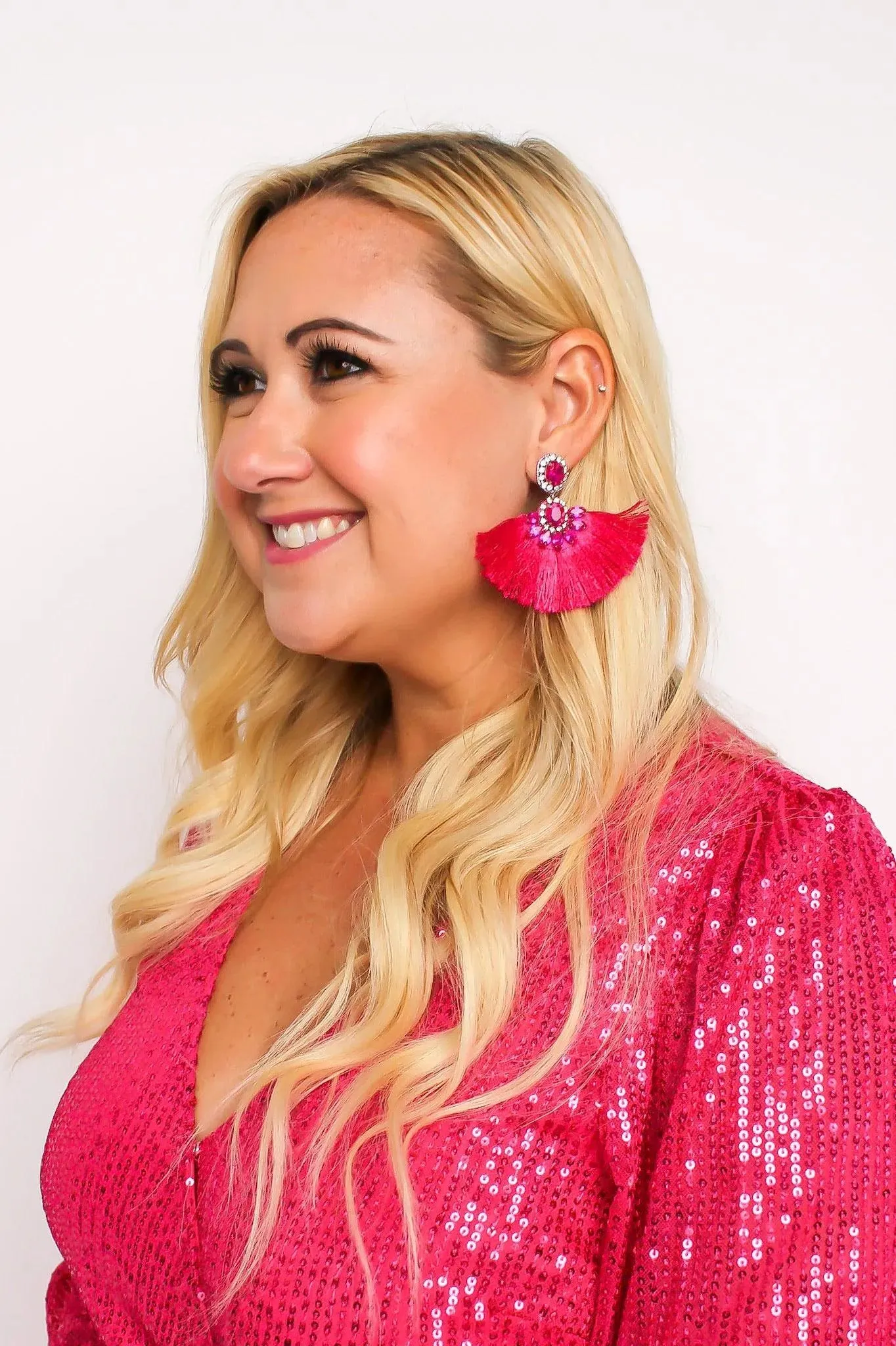 Hot Pink Rhinestone Fringe Earrings