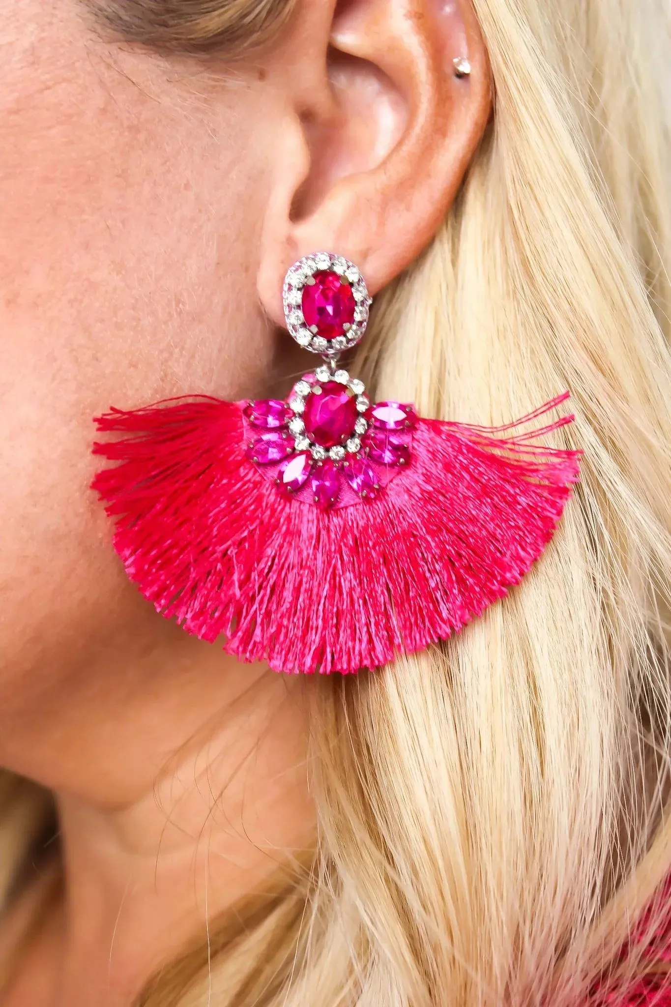 Hot Pink Rhinestone Fringe Earrings