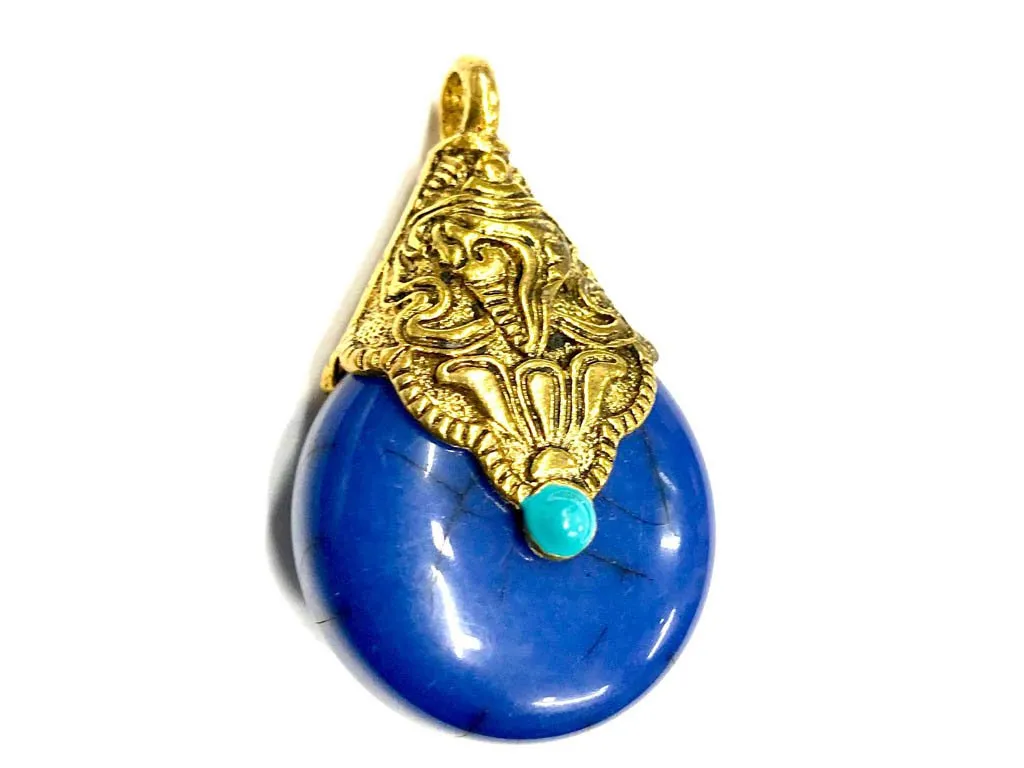 Ink Blue Circular Stone Pendant with Designer Golden Cap (42x27 mm)