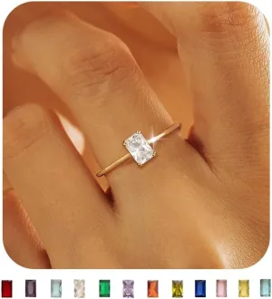KAERUN Gold Birthstone Rings for Women Non Tarnish Dainty 14K Gold Plated Stackable Rings CZ Emerald Baguette Gemstone Rings for Mother Daughter Birthday Handmade Jewelry Gifts Size 6 7 8 9 10