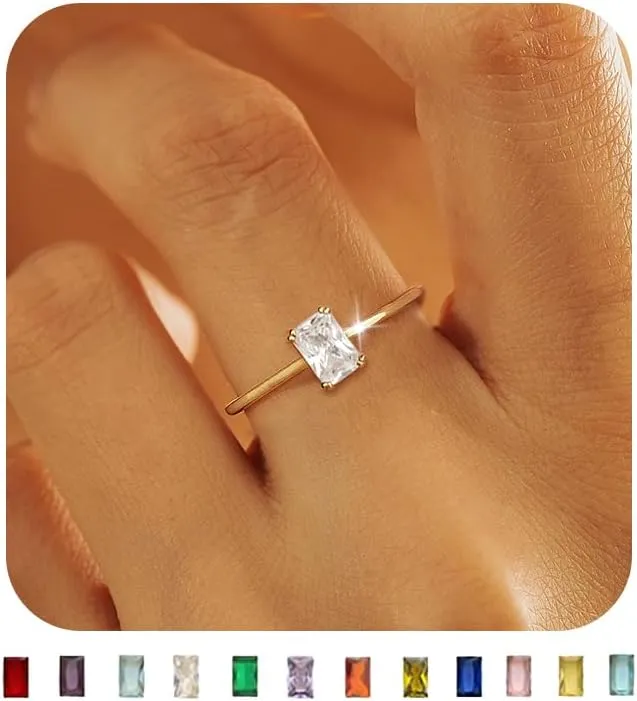 KAERUN Gold Birthstone Rings for Women Non Tarnish Dainty 14K Gold Plated Stackable Rings CZ Emerald Baguette Gemstone Rings for Mother Daughter Birthday Handmade Jewelry Gifts Size 6 7 8 9 10