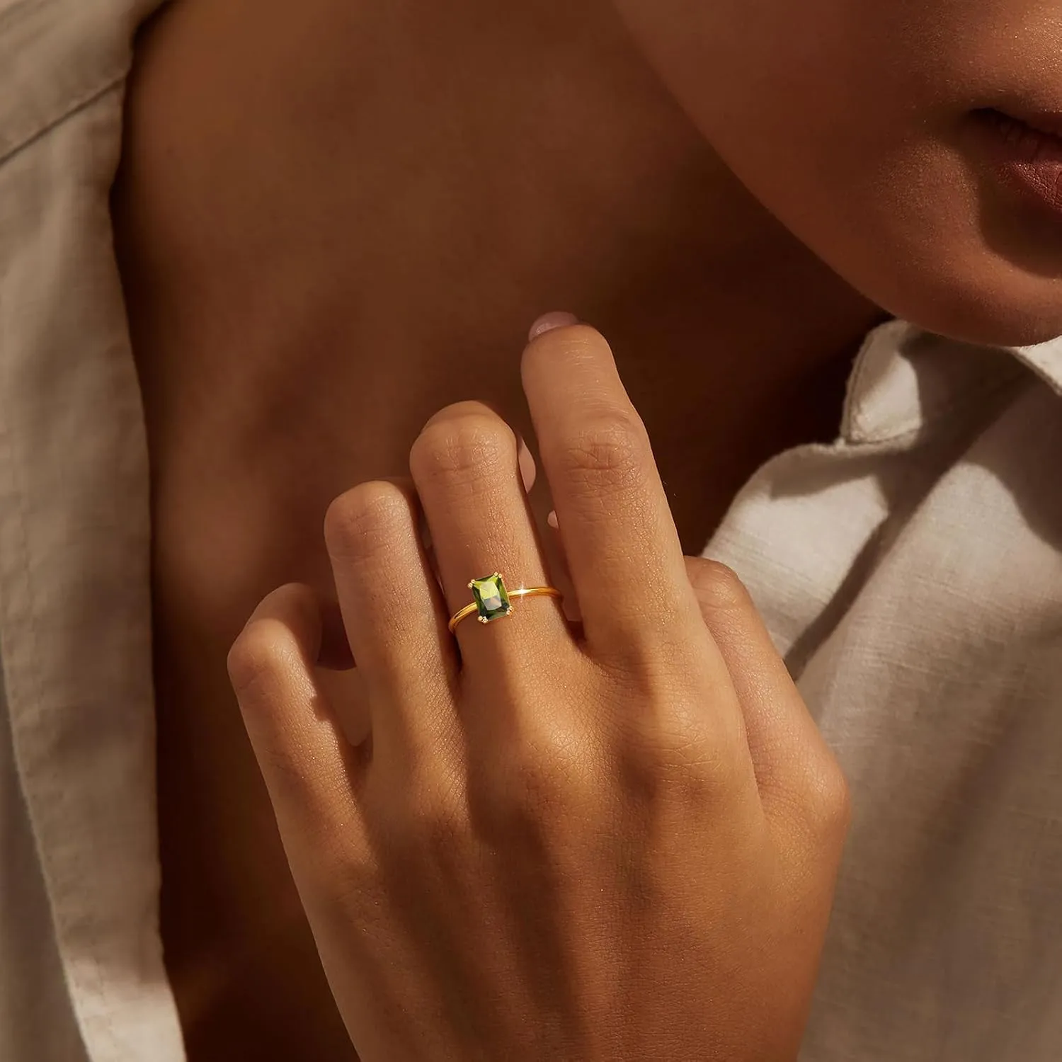 KAERUN Gold Birthstone Rings for Women Non Tarnish Dainty 14K Gold Plated Stackable Rings CZ Emerald Baguette Gemstone Rings for Mother Daughter Birthday Handmade Jewelry Gifts Size 6 7 8 9 10