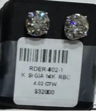 Kataleya 4 Carat Round Cut Diamond Stud Earrings in 14k White Gold. GIA