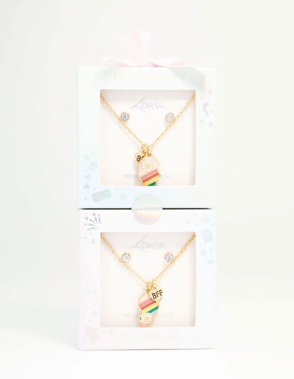 Kids BFF Heart Necklaces & Diamante Stud Earrings Gold Set