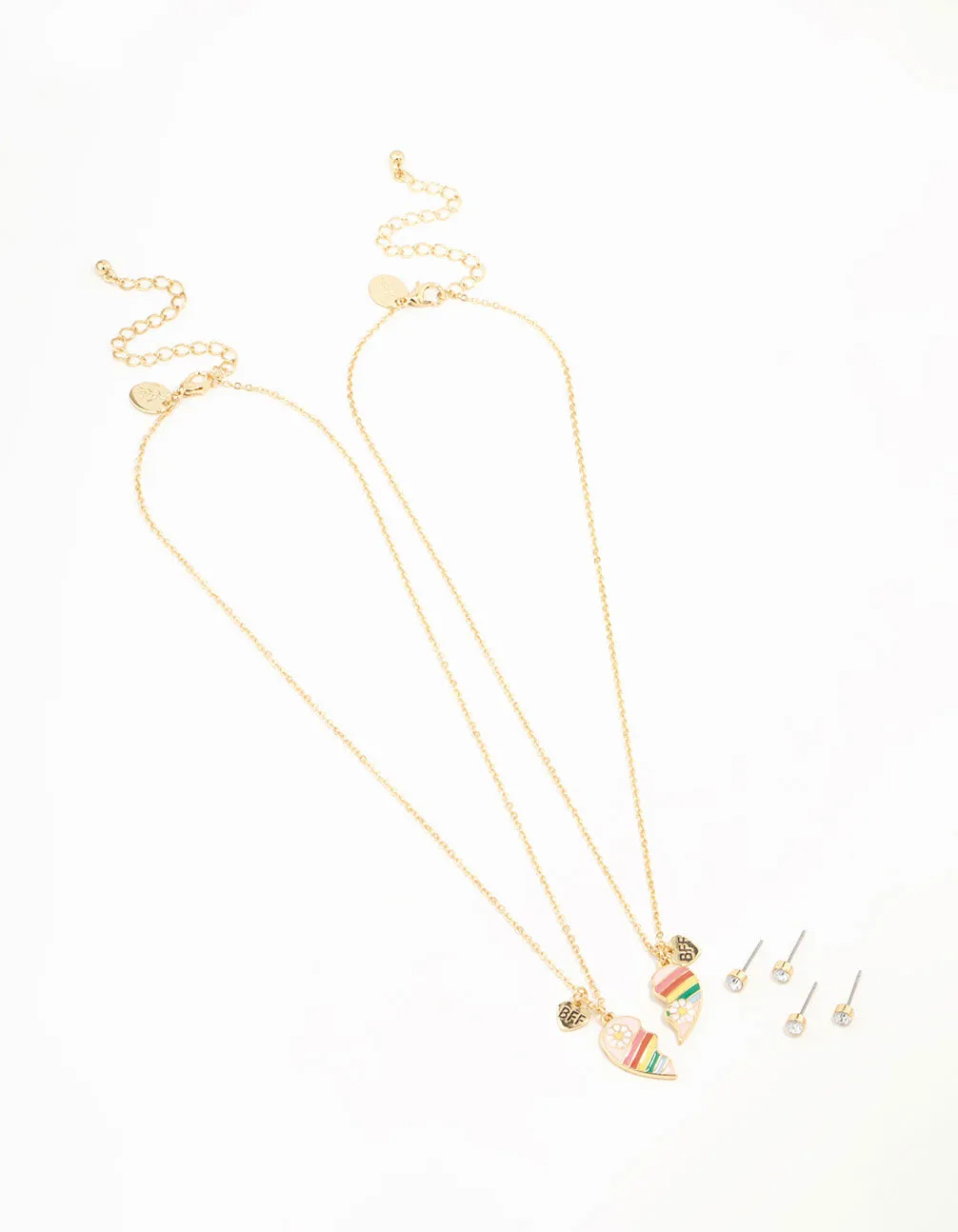 Kids BFF Heart Necklaces & Diamante Stud Earrings Gold Set