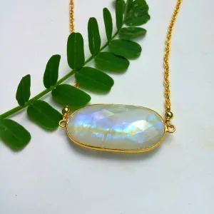 LARGE FACETED OVAL RAINBOW MOONSTONE AND GOLD NECKLACE