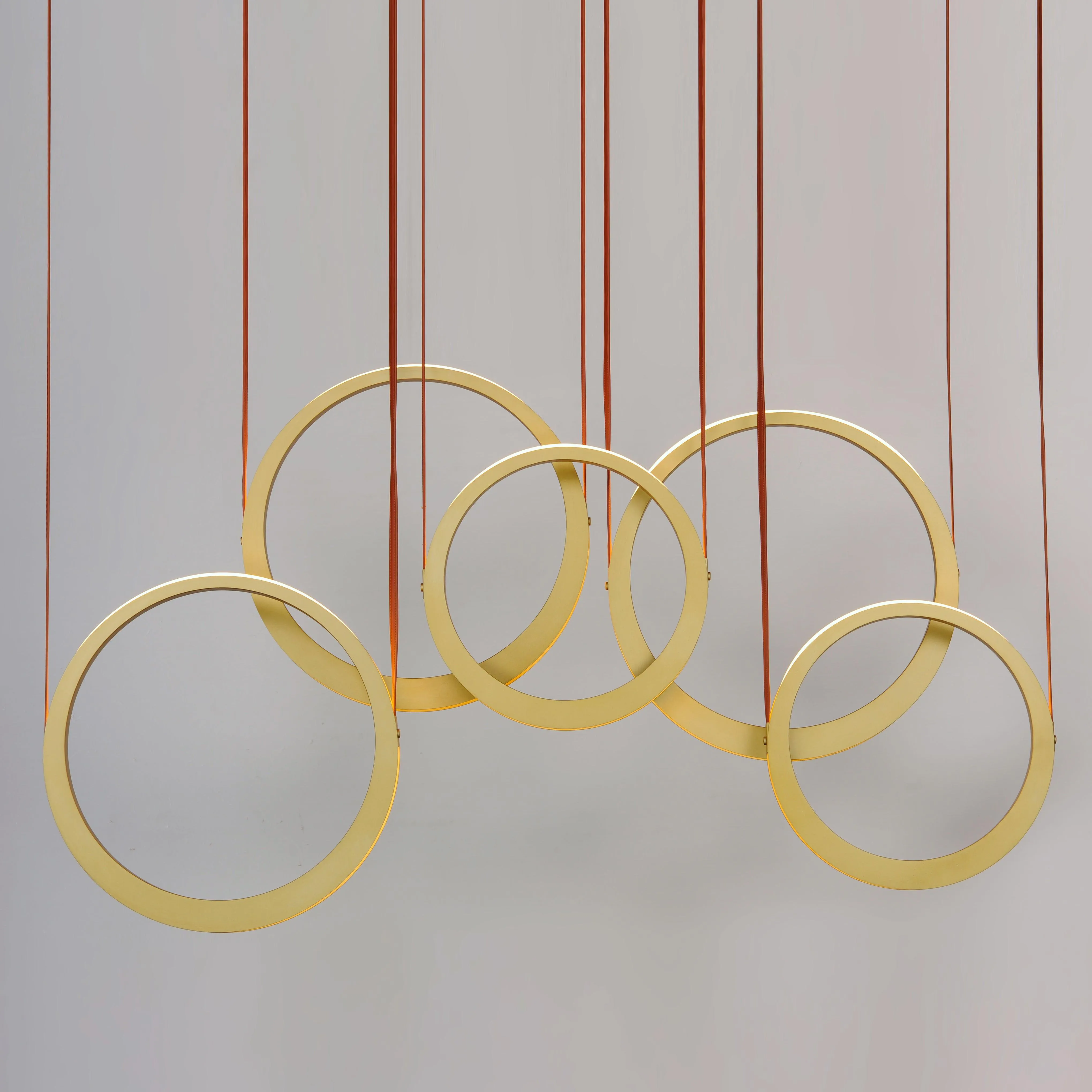 LED Antique Brass Leather Strap 5 Rings Pendant