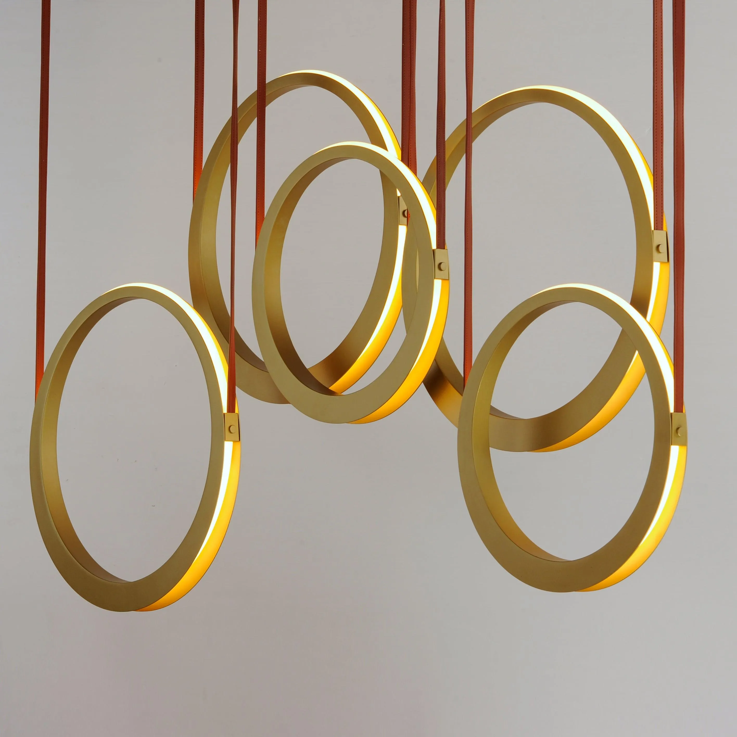 LED Antique Brass Leather Strap 5 Rings Pendant