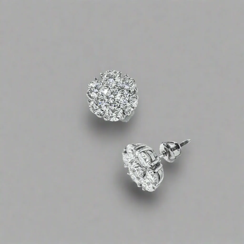 Lidie 4 Carats Lab Grown Round Cluster Diamond Stud Earrings in 14K White Gold