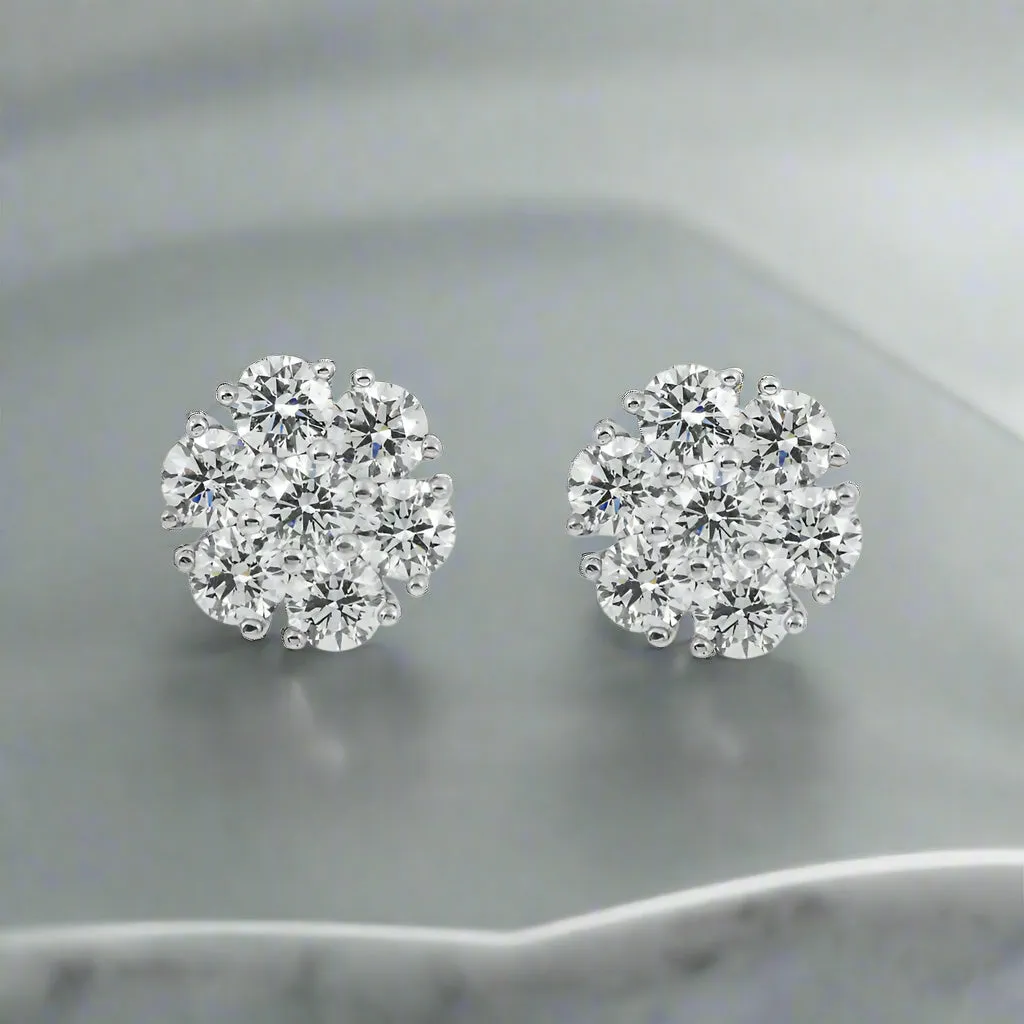 Lidie 4 Carats Lab Grown Round Cluster Diamond Stud Earrings in 14K White Gold