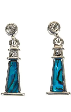 Lighthouse Fashionable Earrings - Dangle Post - Abalone Paua Shell - Sparkling Crystal