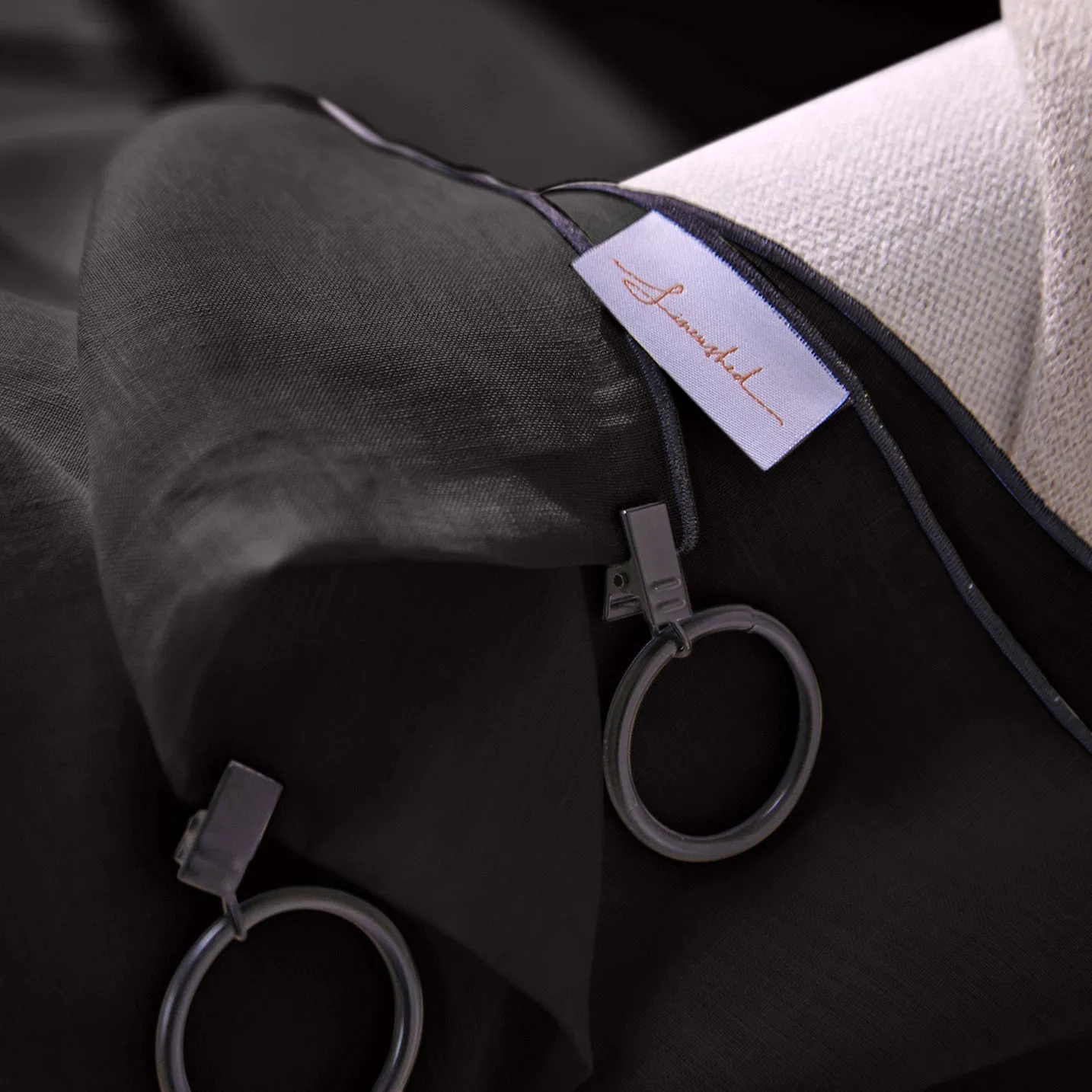 Linen Curtain panel with bourdon edge - Jet-Black