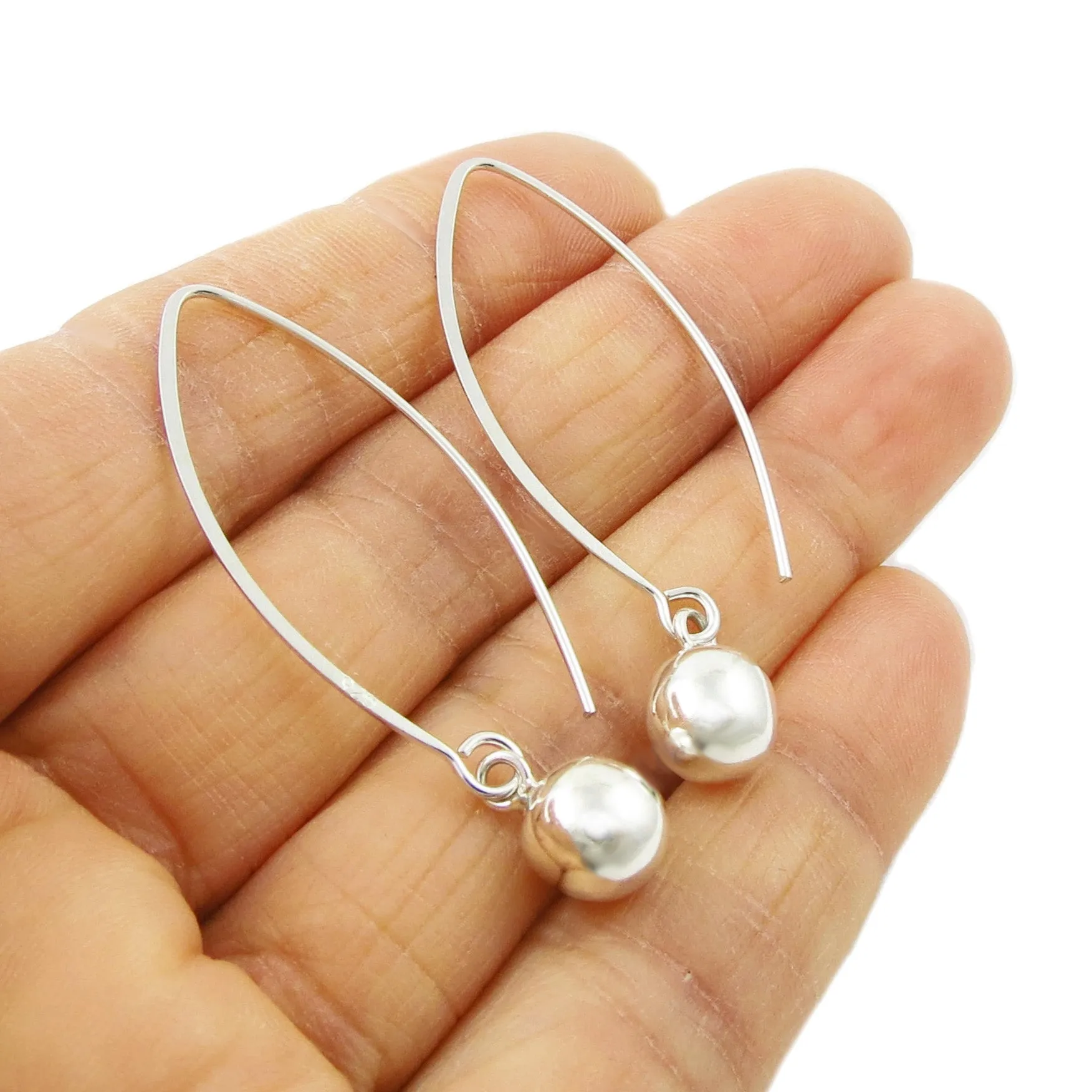Long 925 Sterling Silver Ball Bead Dangle Earrings