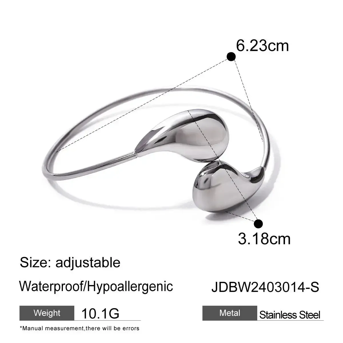 LOVCIA 18K Gold Plated Adjustable Stainless Steel Water Drop Cuff Bracelet - Waterproof & Hypoallergenic Bangle for Women