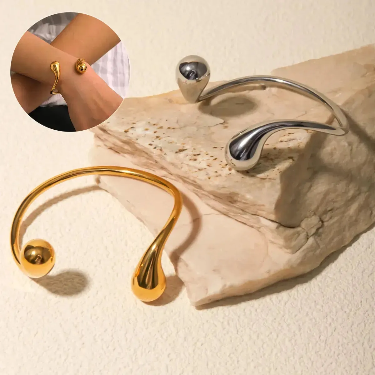 LOVCIA 18K Gold Plated Adjustable Stainless Steel Water Drop Cuff Bracelet - Waterproof & Hypoallergenic Bangle for Women
