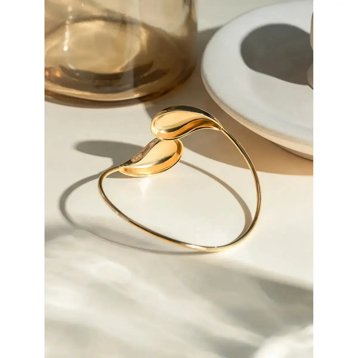 LOVCIA 18K Gold Plated Adjustable Stainless Steel Water Drop Cuff Bracelet - Waterproof & Hypoallergenic Bangle for Women